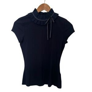 NWT Ted Baker Navy Blue Ruffle Collar Short Sleeve Blouse Top Size 0 (US 2)